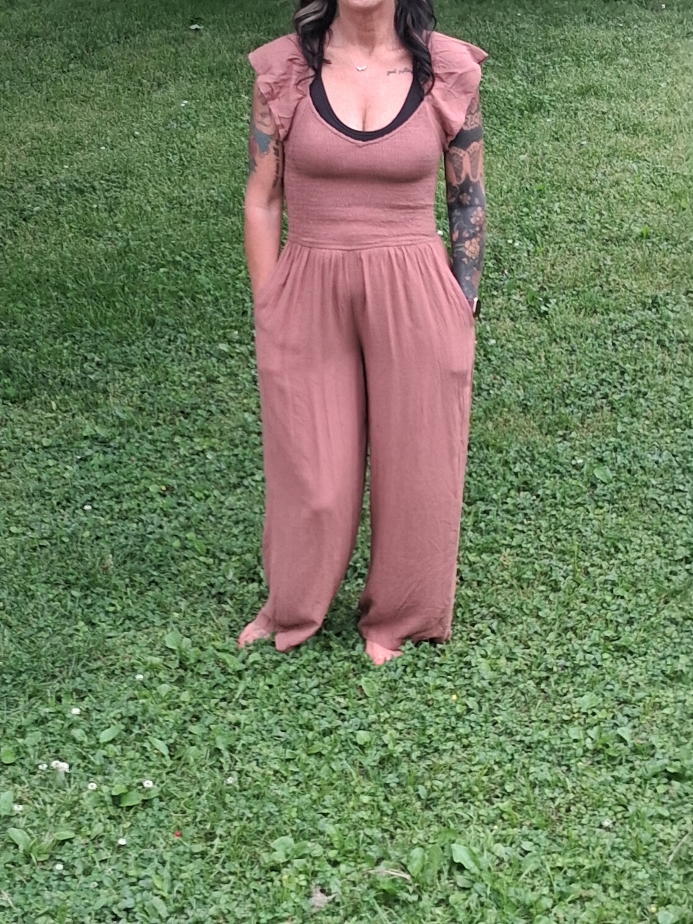 Japan Rags Dusty Rose Ruffle Shoulder Wide-Leg Jumpsuit